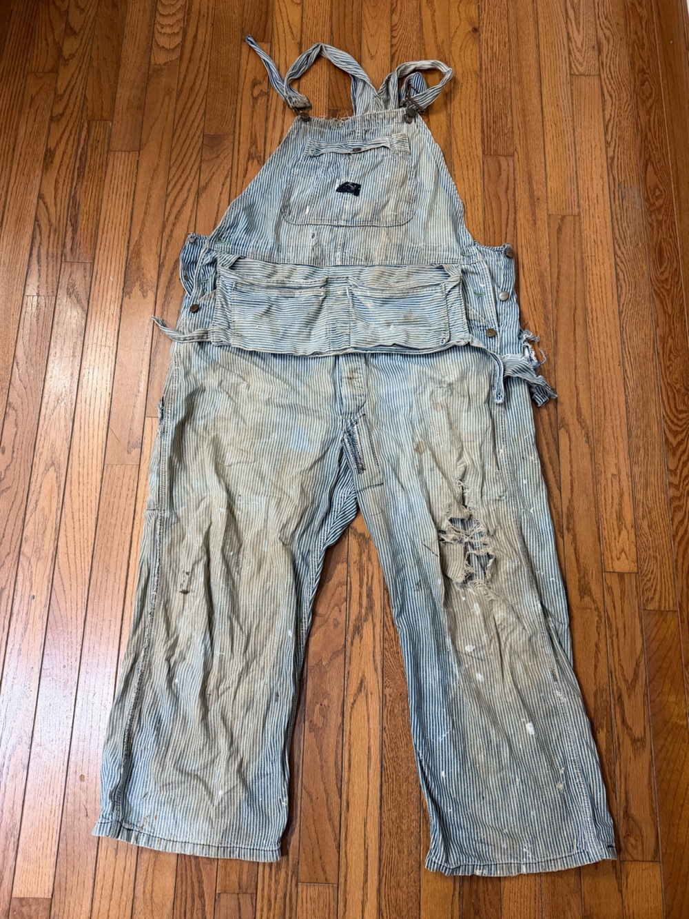 Vintage Sanforized Railroad Stripe Denim Overalls Distressed Men’s Large